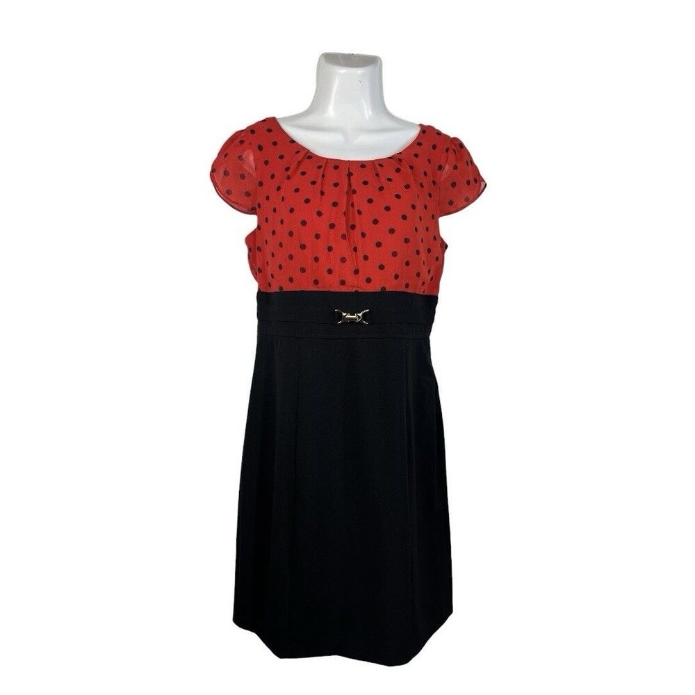 ALYX Red Black Polka Dot Sheath Dress Size 10 Short Sleeve Belted Career Retro